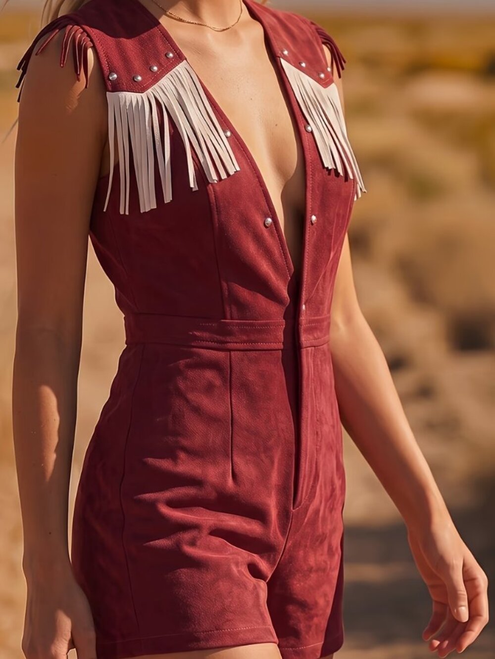 (First Week Sale) Western-Style Burgundy Fringe Romper With Stud Details